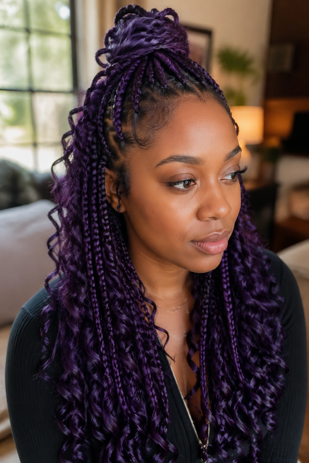 Close-up of a real person wearing half-up purple boho braids in a cozy home setting