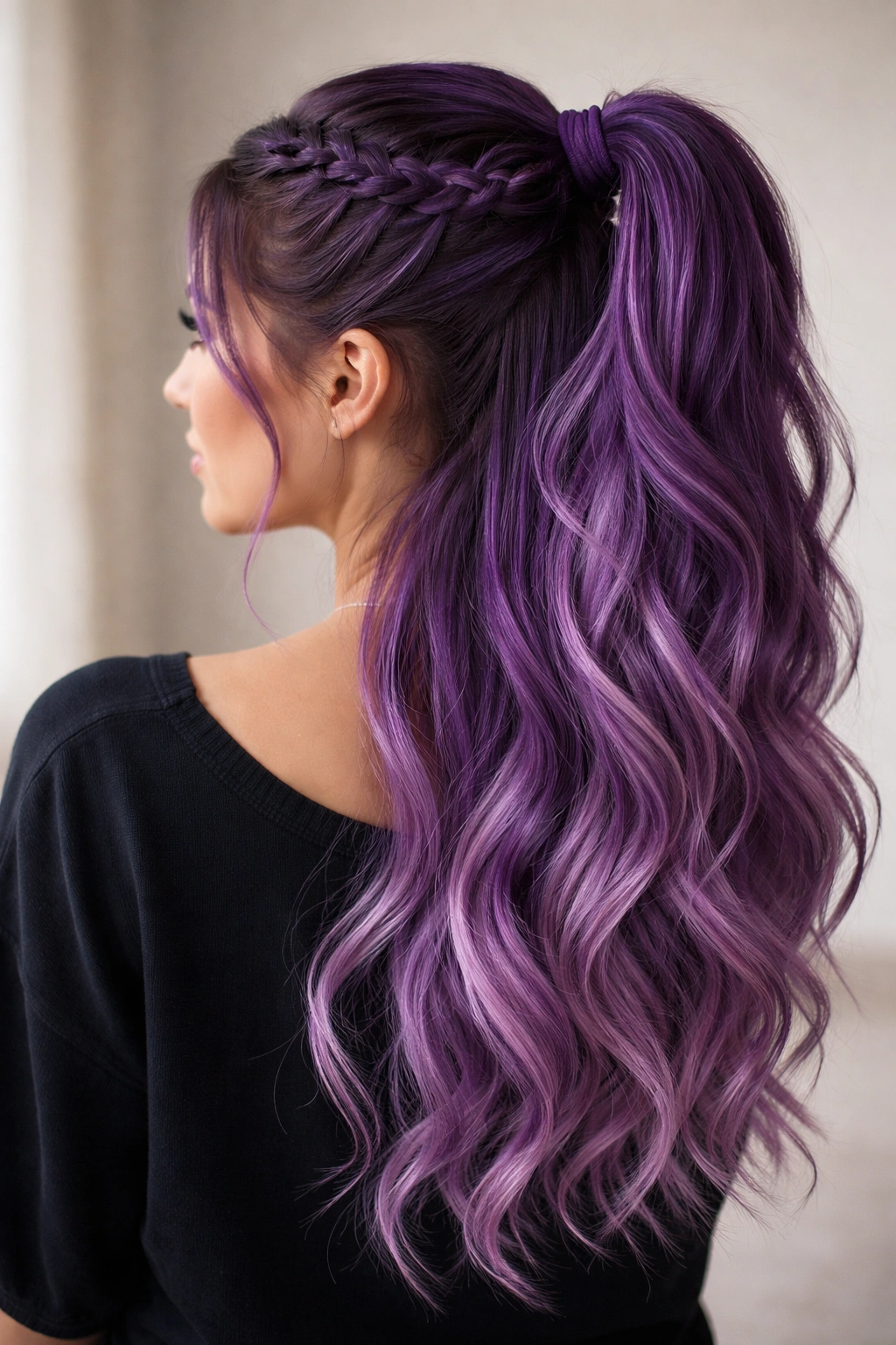 Half-up purple braided ponytail with top braid and loose waves