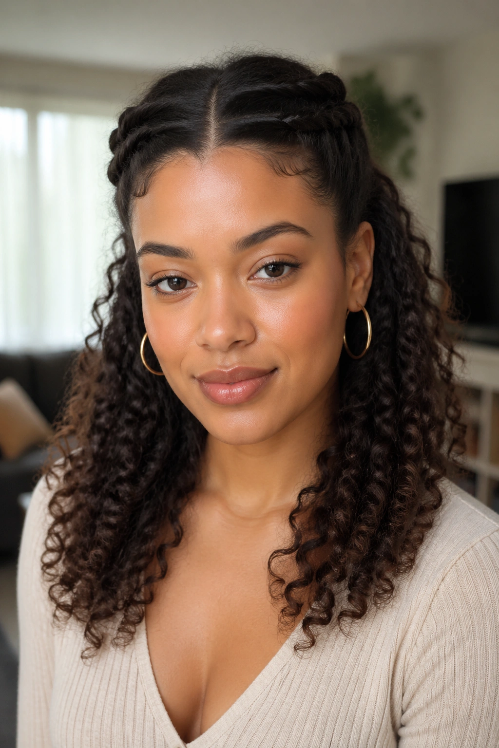 Close-up of a real woman with a half-up quick twist hairstyle in soft window light