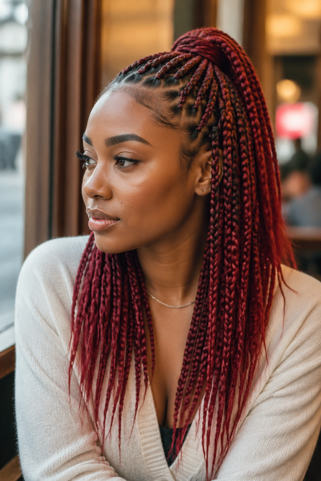 Close-up of a real woman with a half-up red braided ponytail, upper section lifted and loose lower braids