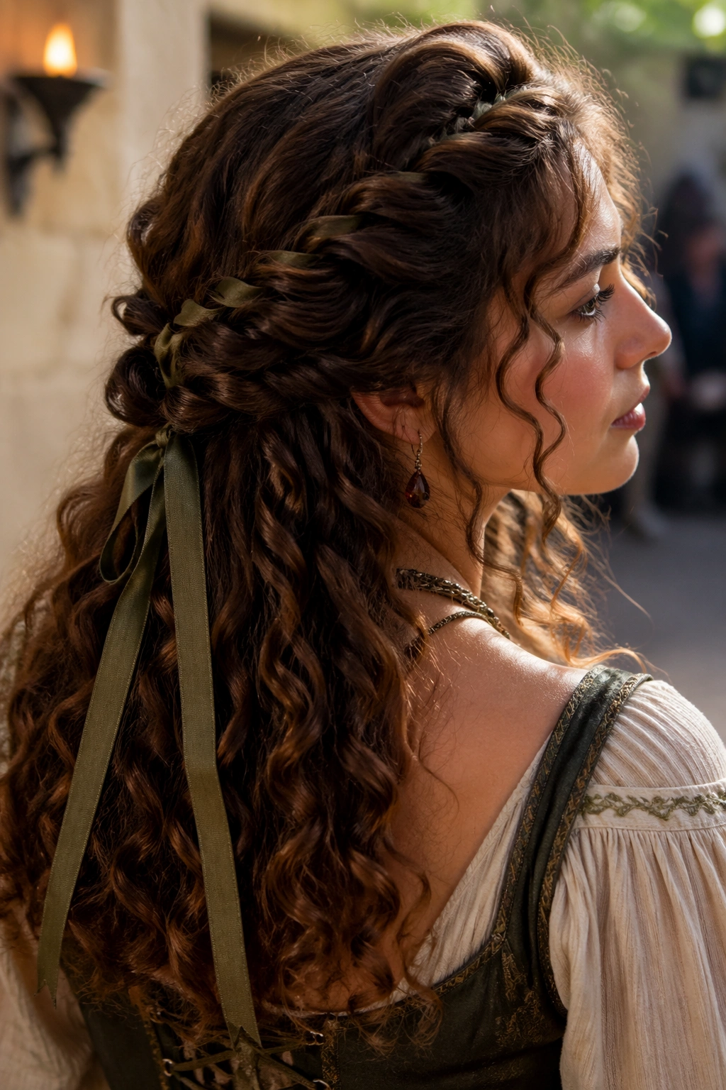 Close-up of a real woman with half-up hairstyle and ribbon lacing in curls