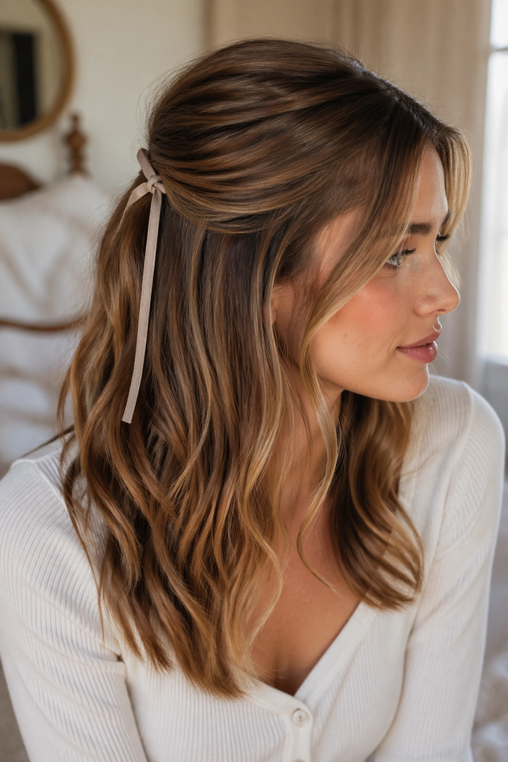 Close-up portrait of a real person wearing a thin ribbon wrapped half-up hairstyle