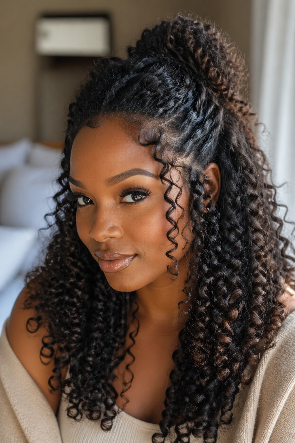 Real woman with half-up ringlet curl hairstyle.