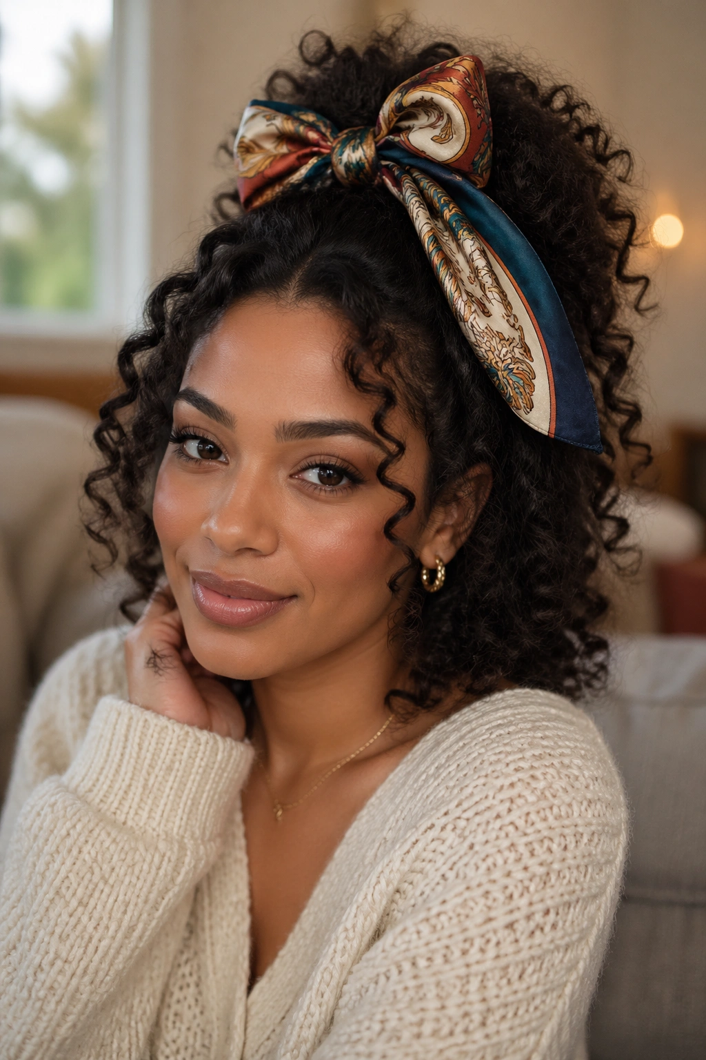 Close-up of real woman with scarf-tied crown half-up hairstyle and curls