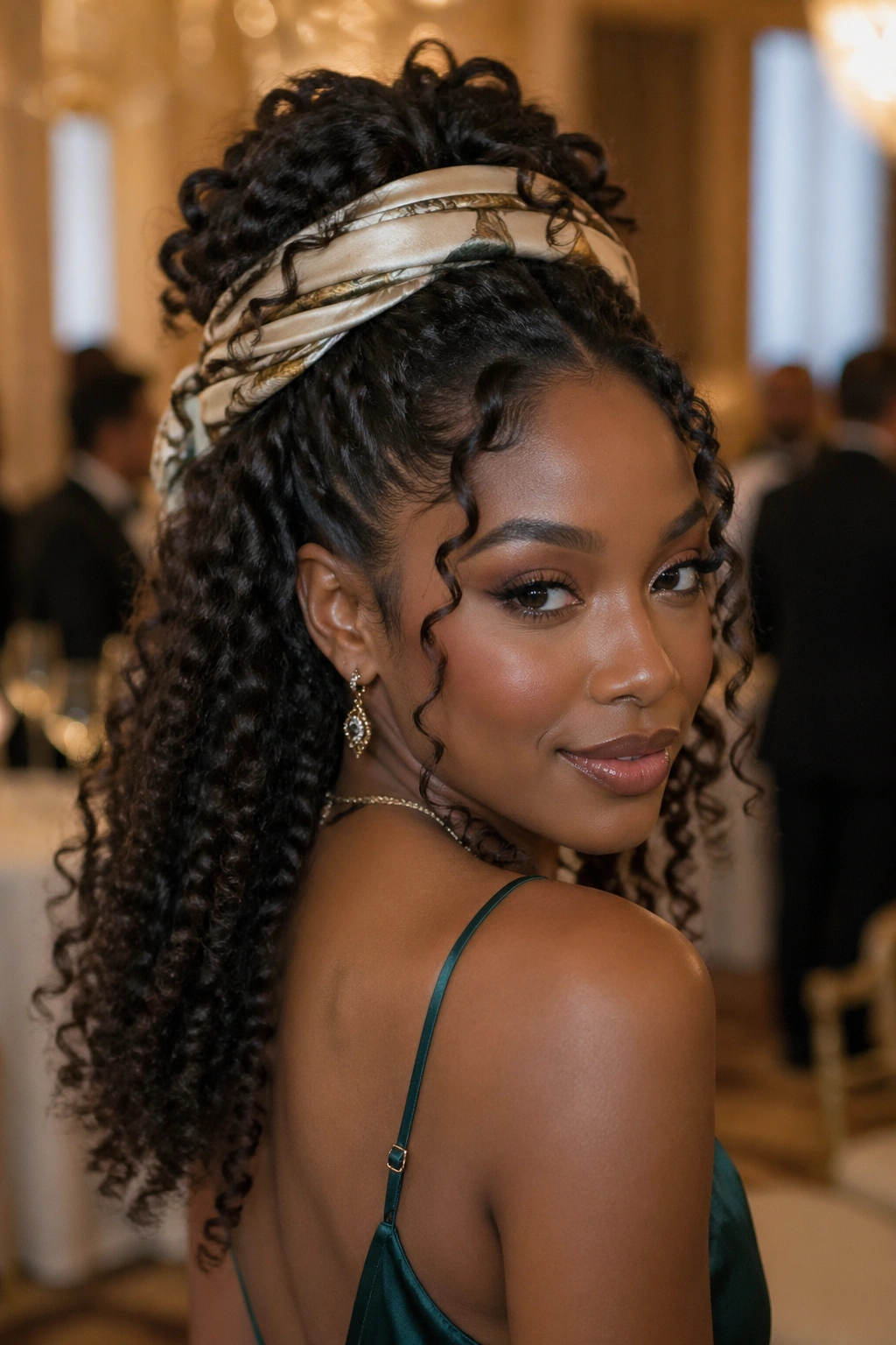 Close-up of a real woman with a formal half-up and silk scarf wrapped around the crown