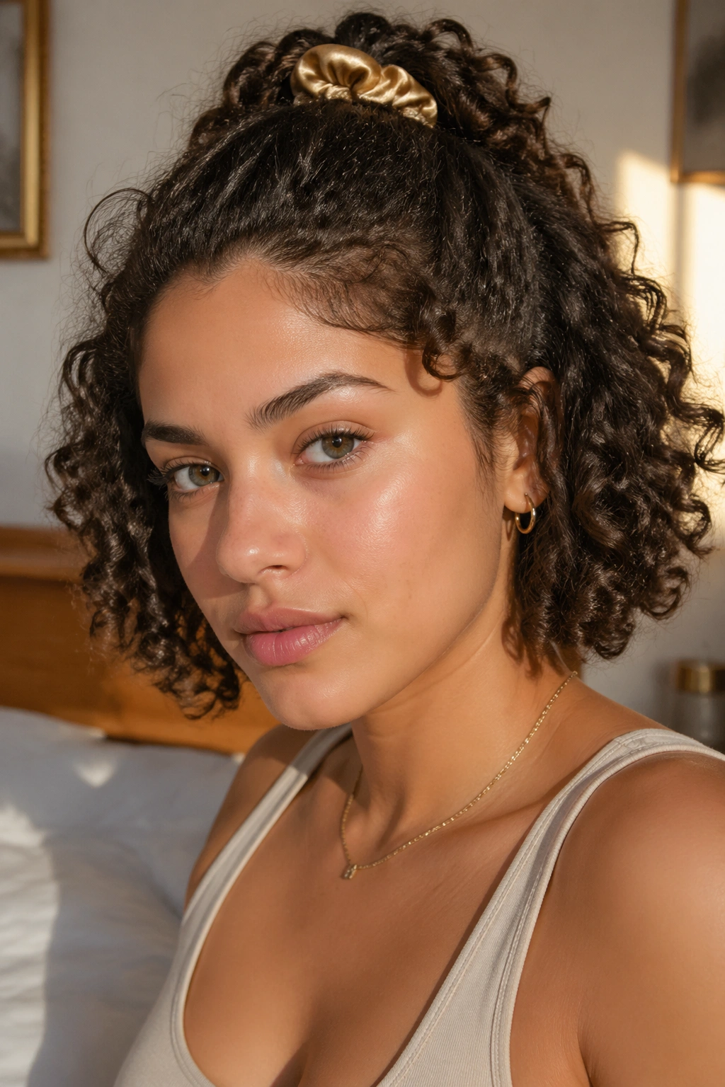 Close-up portrait of a real woman wearing a half-up scrunchie ponytail with loose curls.