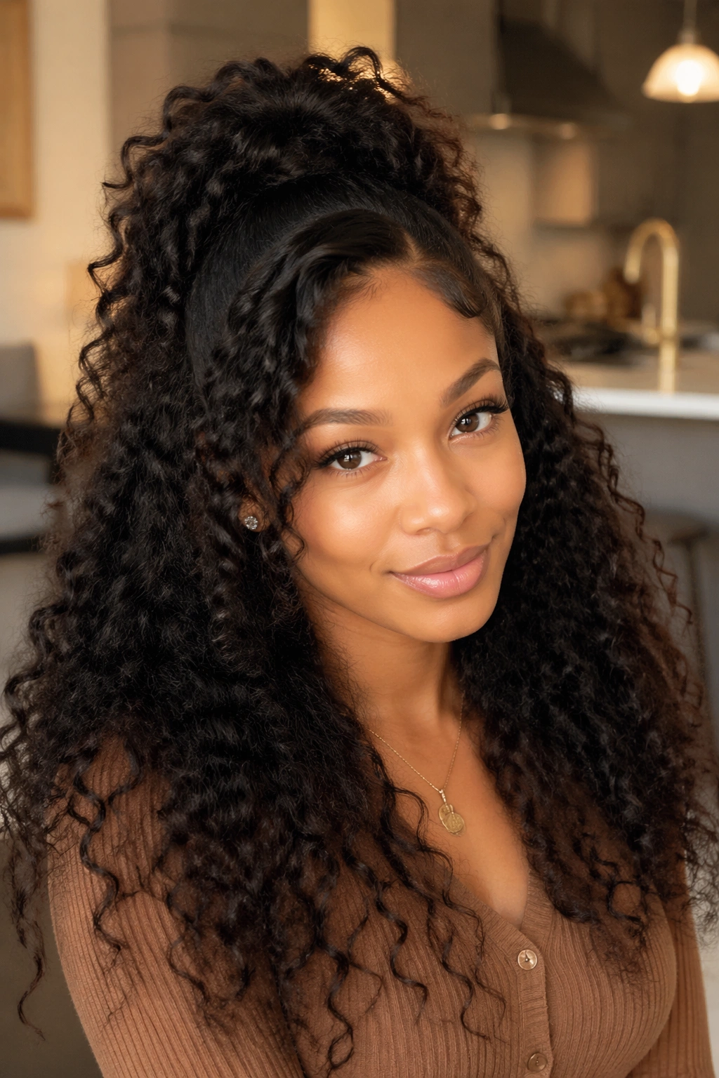 Portrait of a real woman with a half-up hairstyle and high-volume crown.