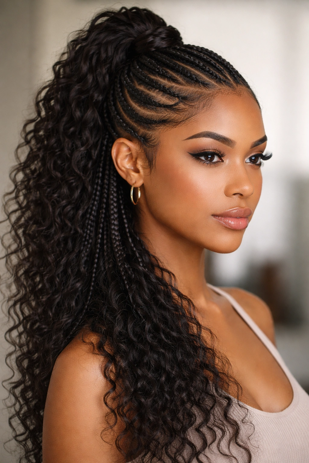 Front three-quarter view of half-up, half-down side cornrows with loose nape hair