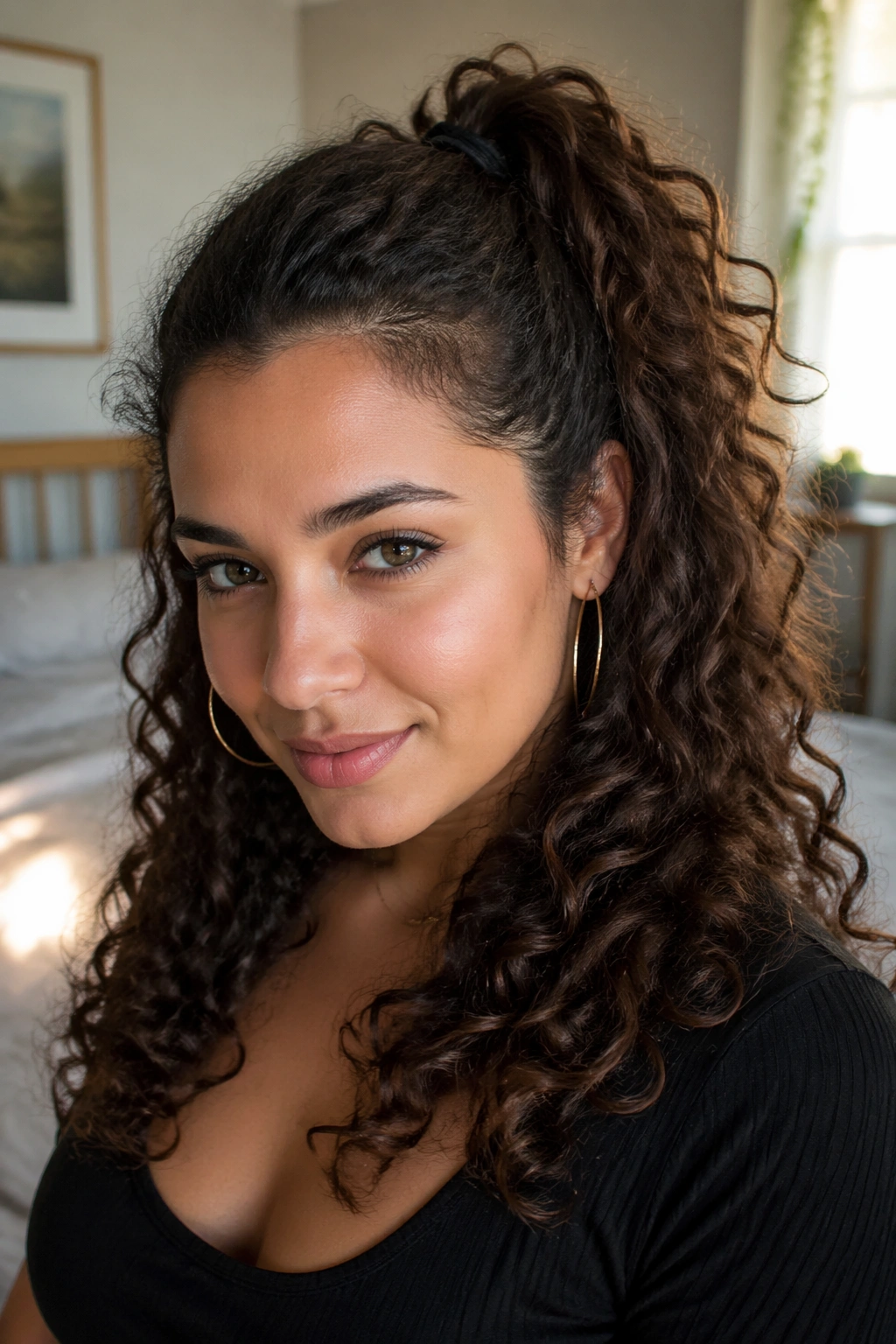 Close-up of a real person with a half-up side ponytail and loose curls