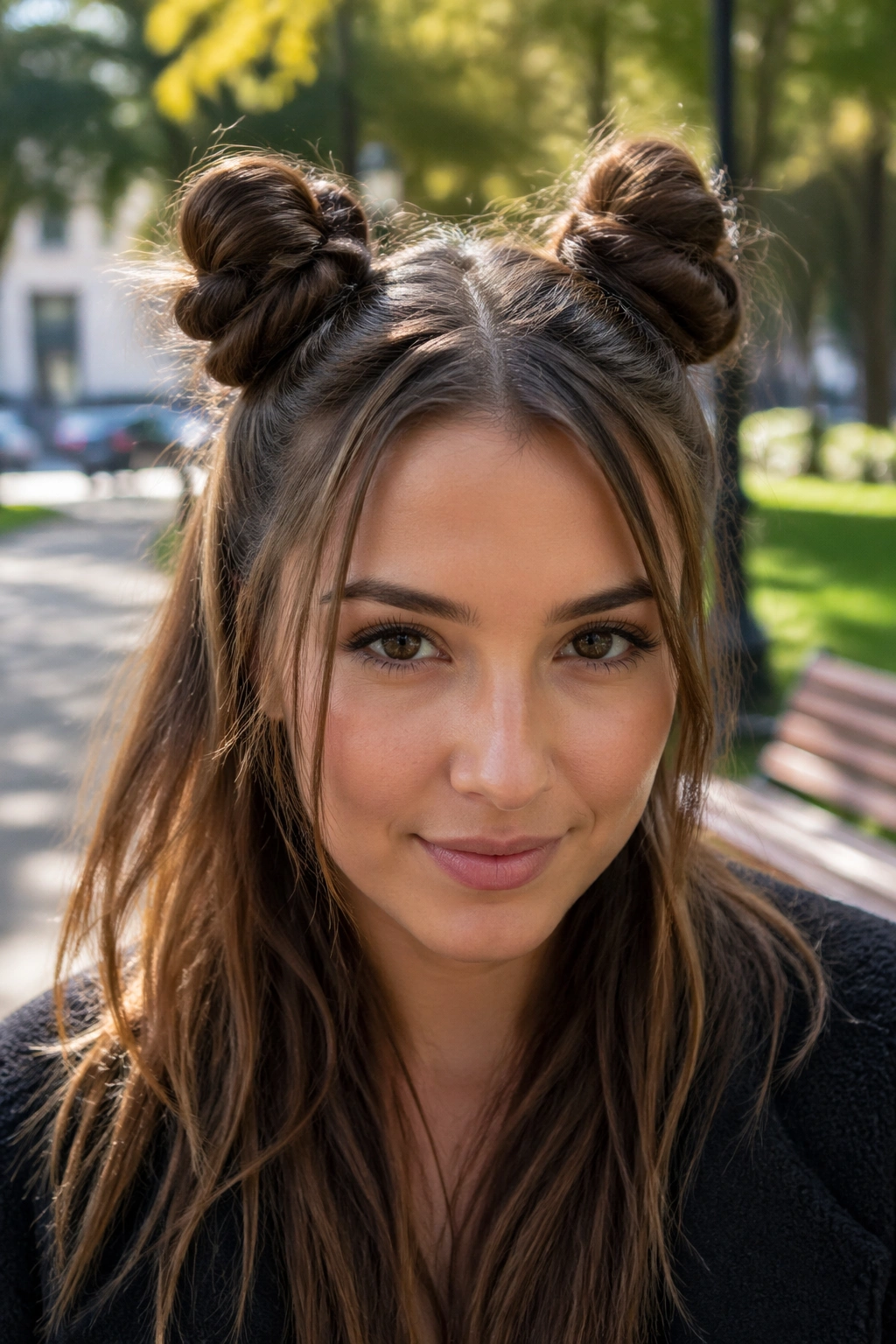 Real woman with two space buns in an outdoor park setting