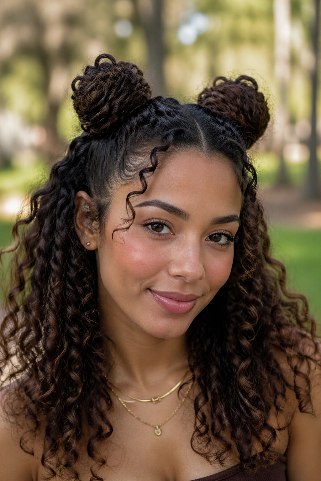 Close-up portrait of a real person with half-up space buns and loose curls