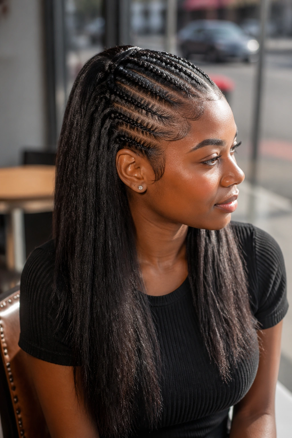 Front braided in straight backs with back hair loose on a real woman