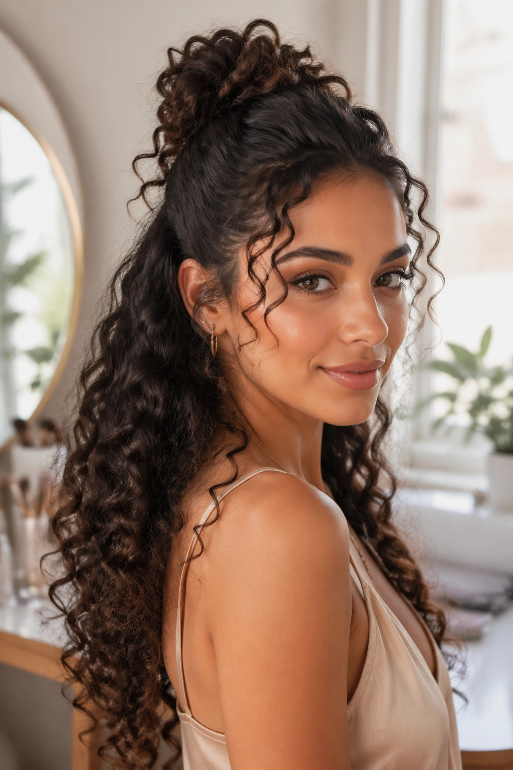 Close-up of a real woman showing a top-defined half-up hairstyle with curly bottom