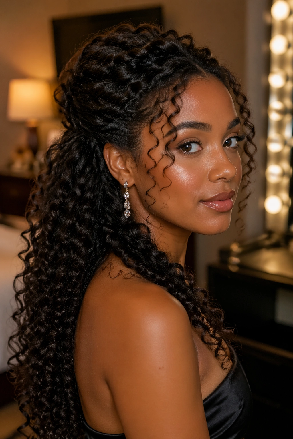 Close-up of a real woman wearing a half-up hairstyle secured with pins for long hold