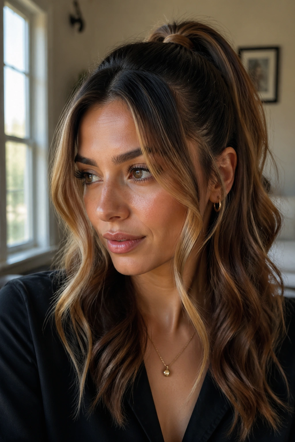 Close-up of a real woman with half-up double swoop ponytails, natural window light.