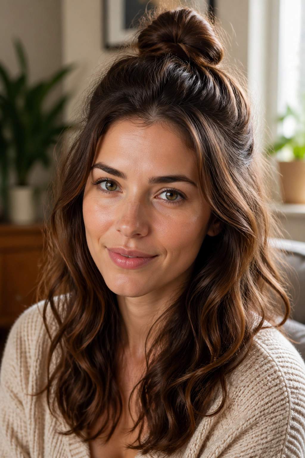 Real woman with half-up top knot and loose waves framing the face
