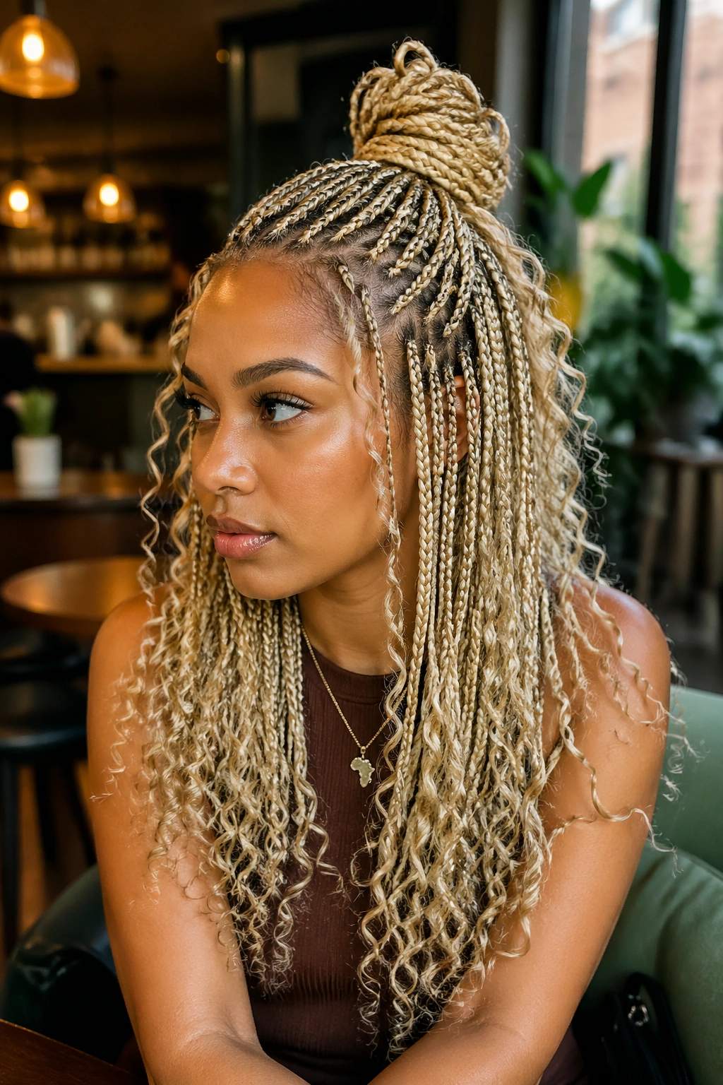 Medium close-up of blonde knotless braids in a half-up top knot on a real person