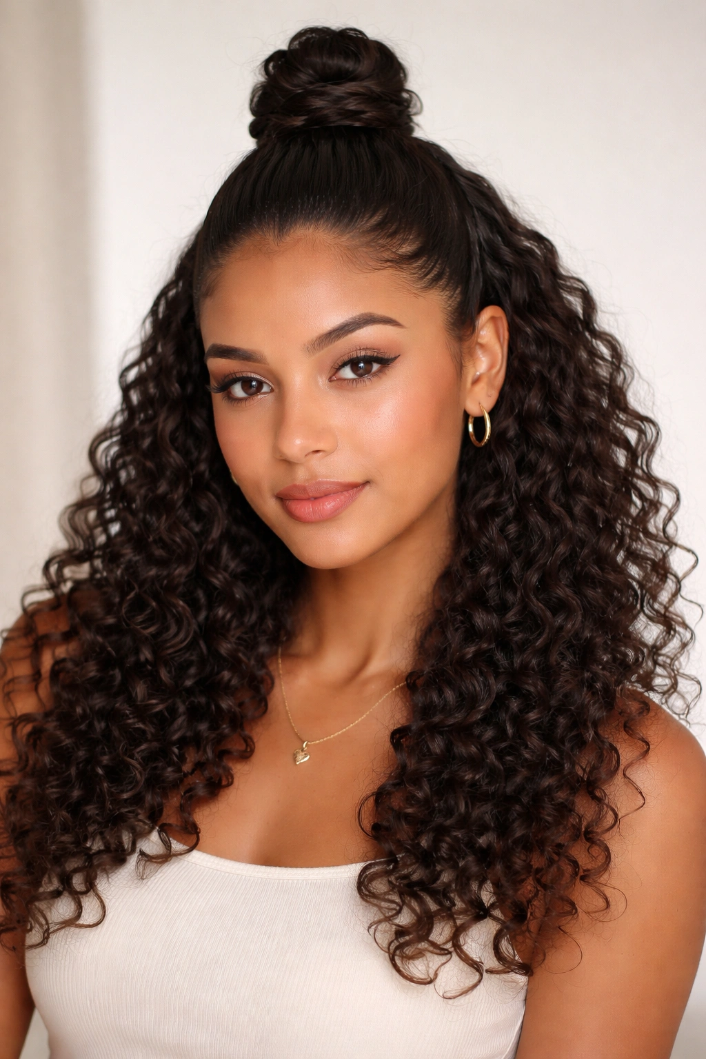 Half-up hairstyle with a top knot and loose curls at the bottom