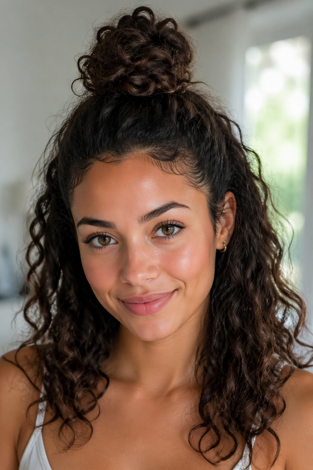 Real woman with a half-up top knot and loose curls