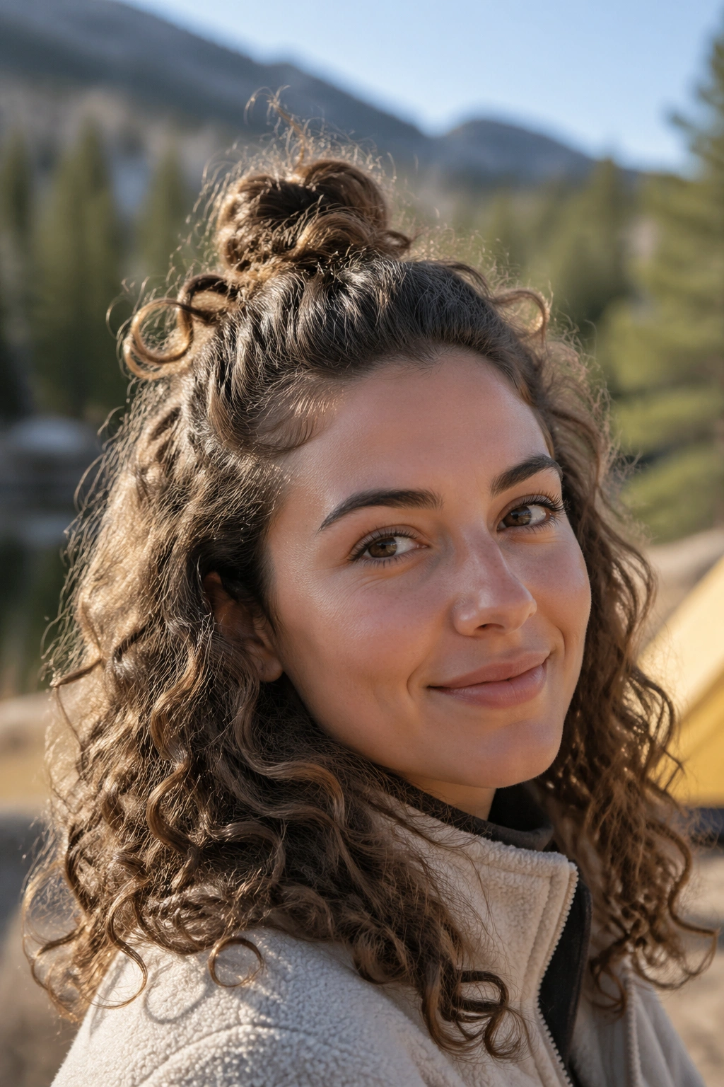 Portrait of a person with a half-up top knot and loose curls at campsite