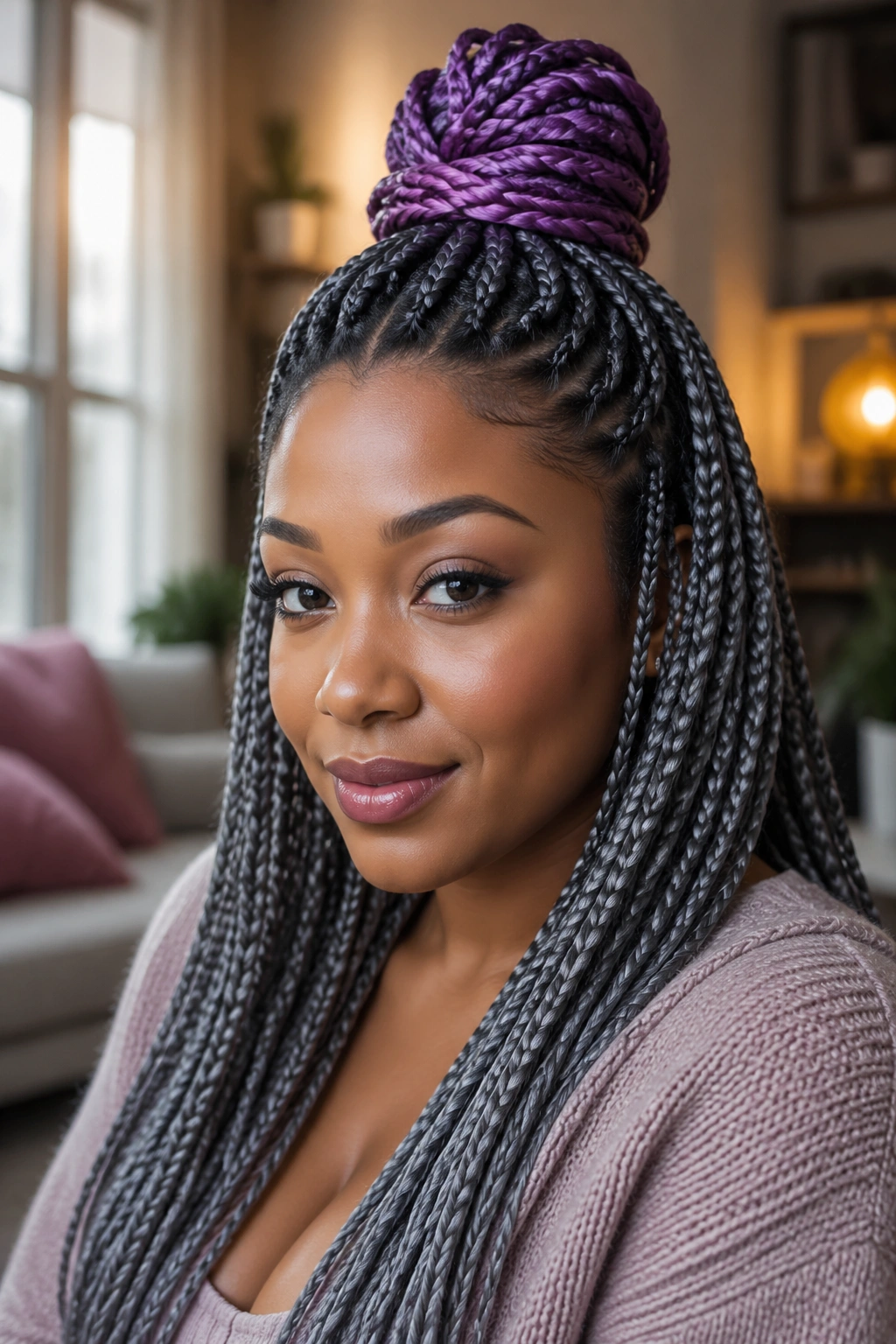 Close-up portrait of a real woman with a half-up top knot in steel grey and orchid, showcasing the braid colors.