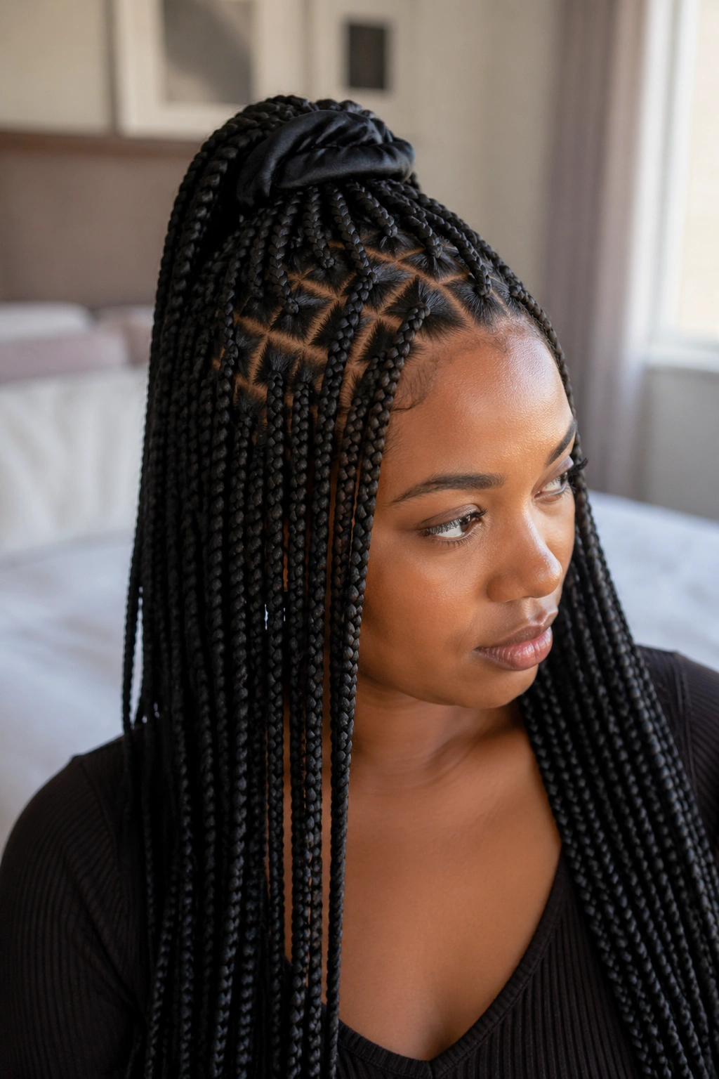 Real woman with half-up half-down triangle-part braids and satin scrunchie