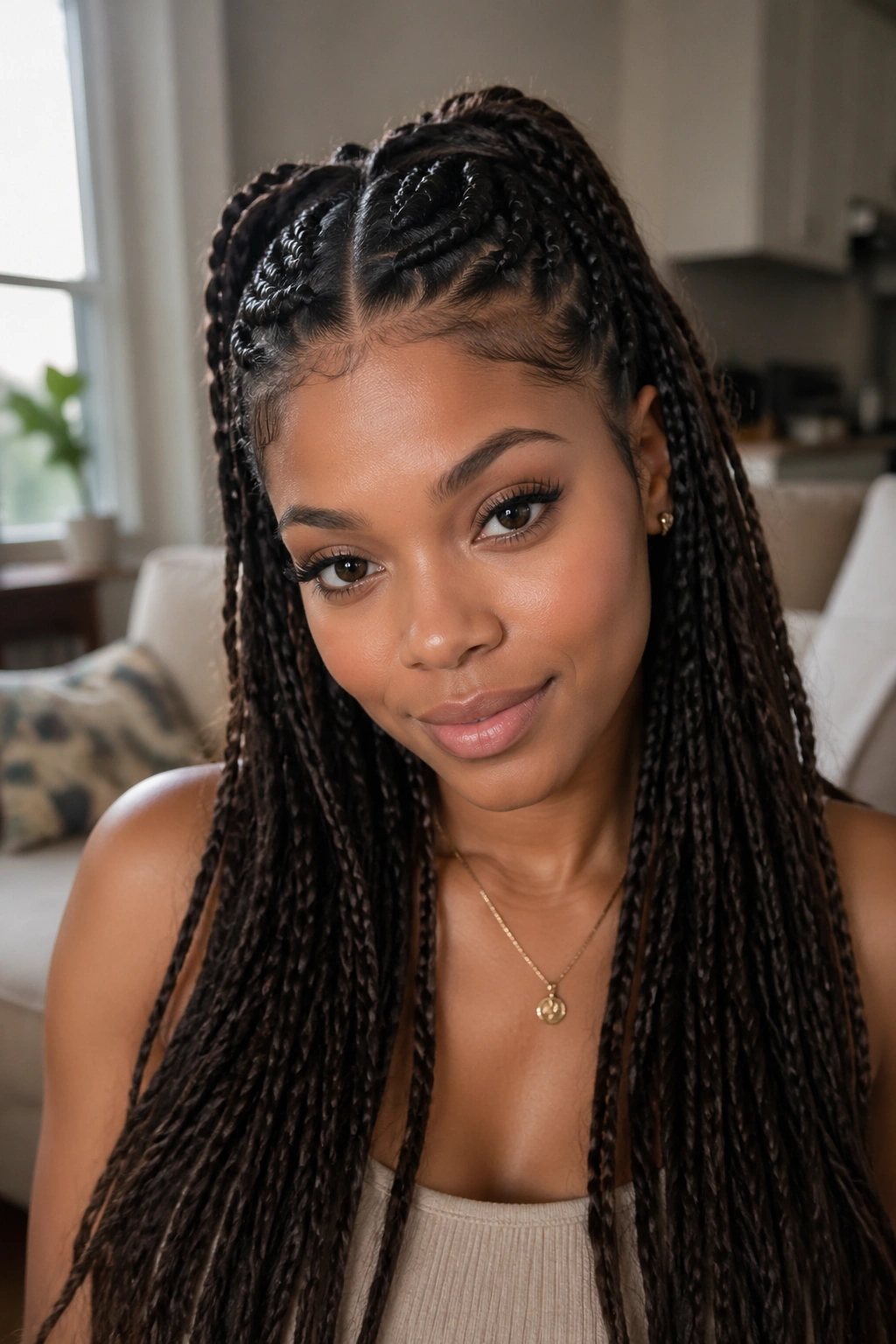 Close-up portrait of a real person with half-up, half-down twin braids