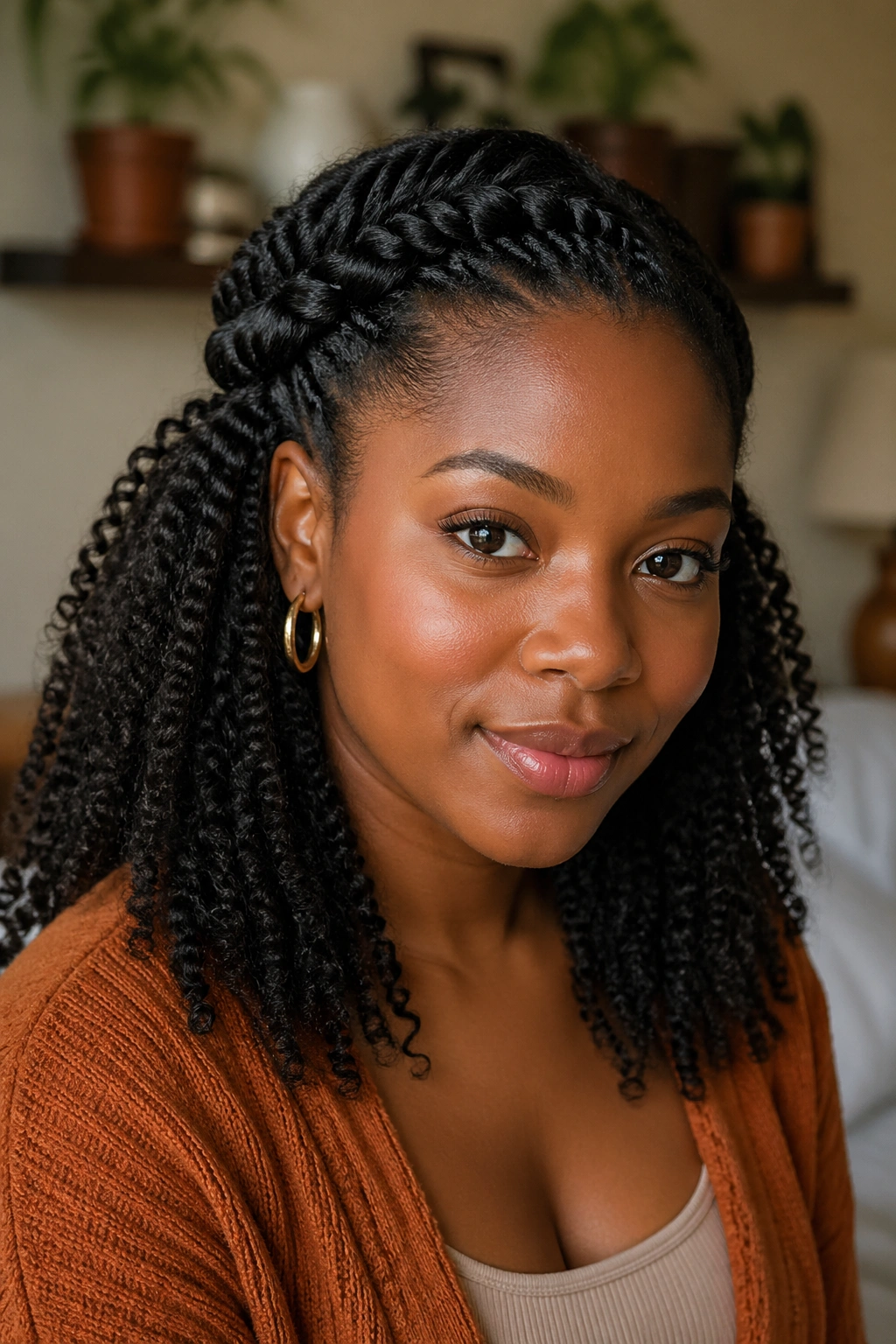 Close-up of a real woman with a half-up twist crown and loose hair at the back