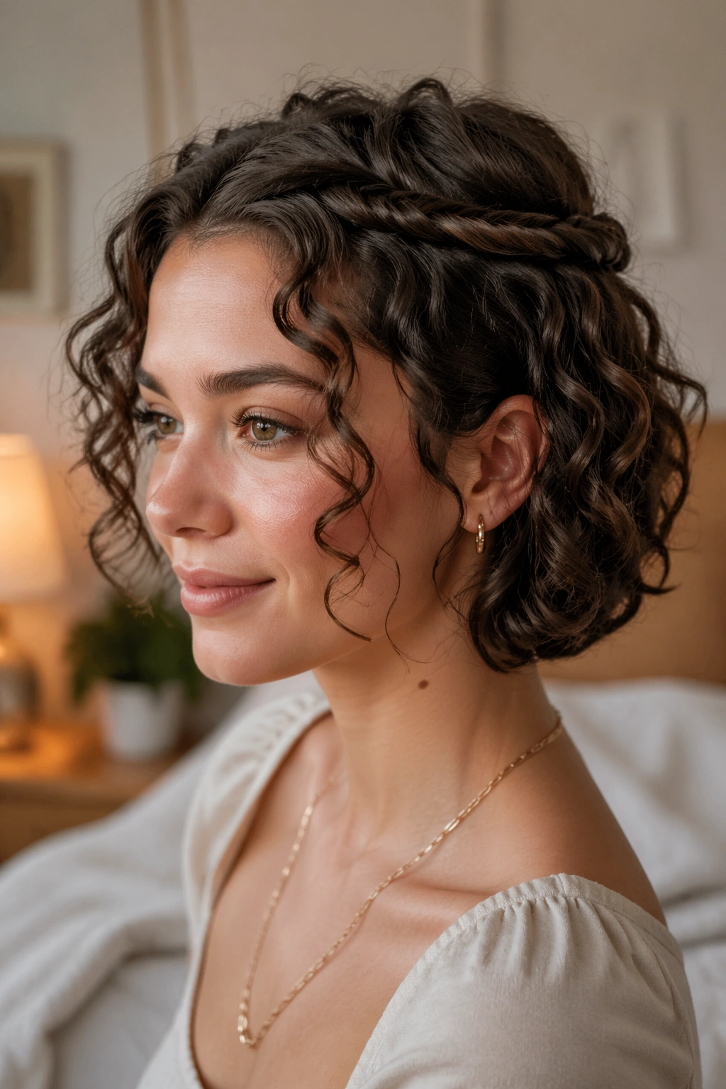 Close-up of a real person with half-up twists on short curly hair