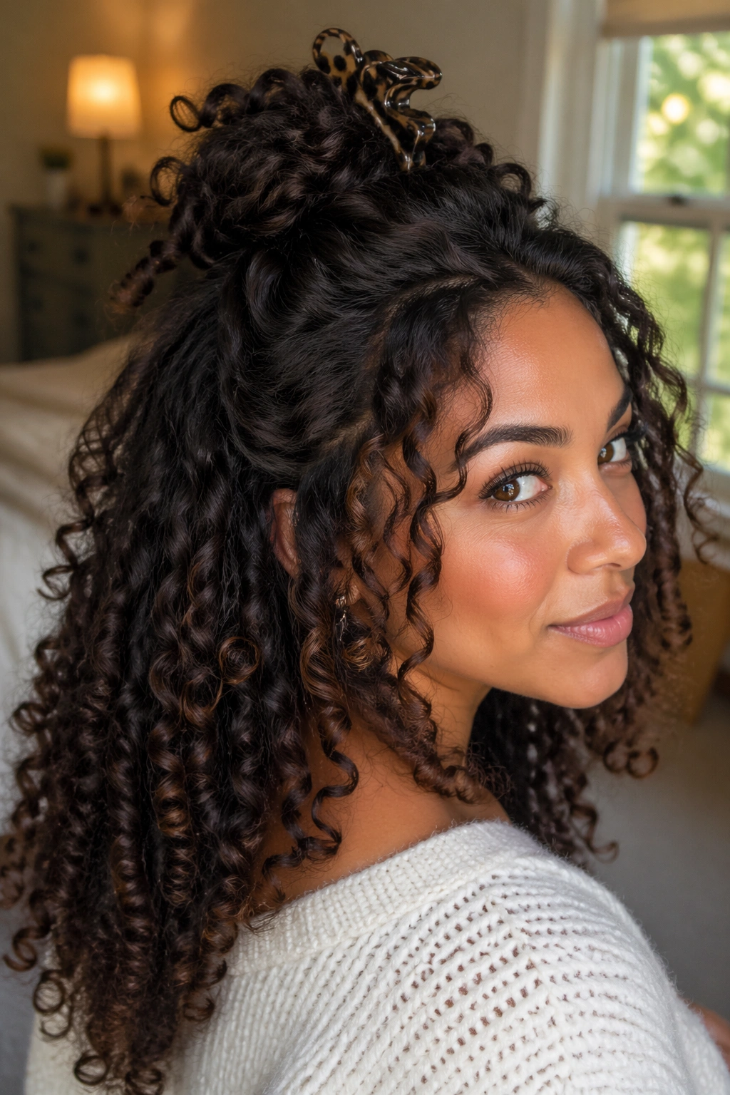 Close-up of half-up twist with butterfly clip on curly hair in natural window light