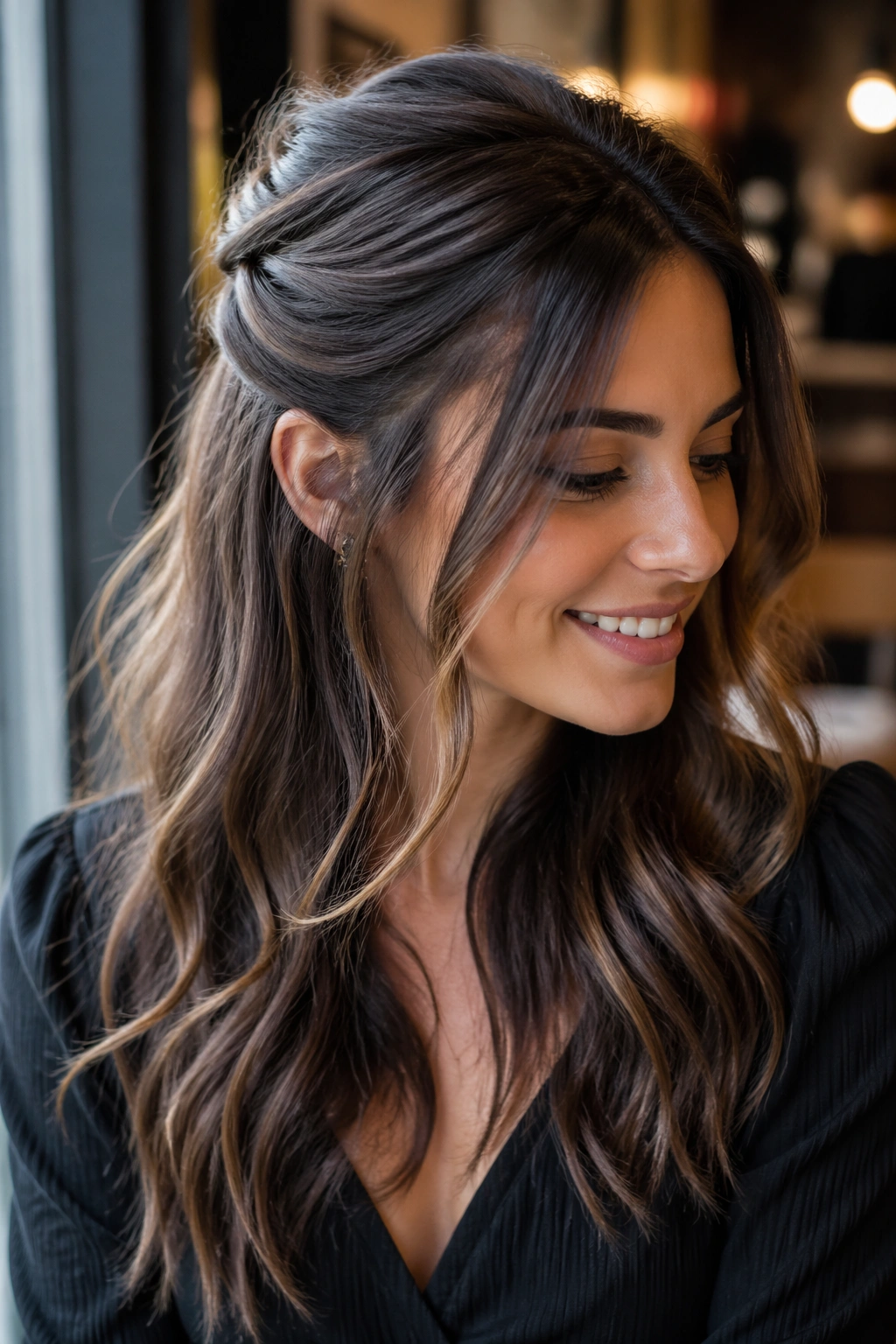 Real woman with half-up twist and loose waves, two bobby pins crossed at crown