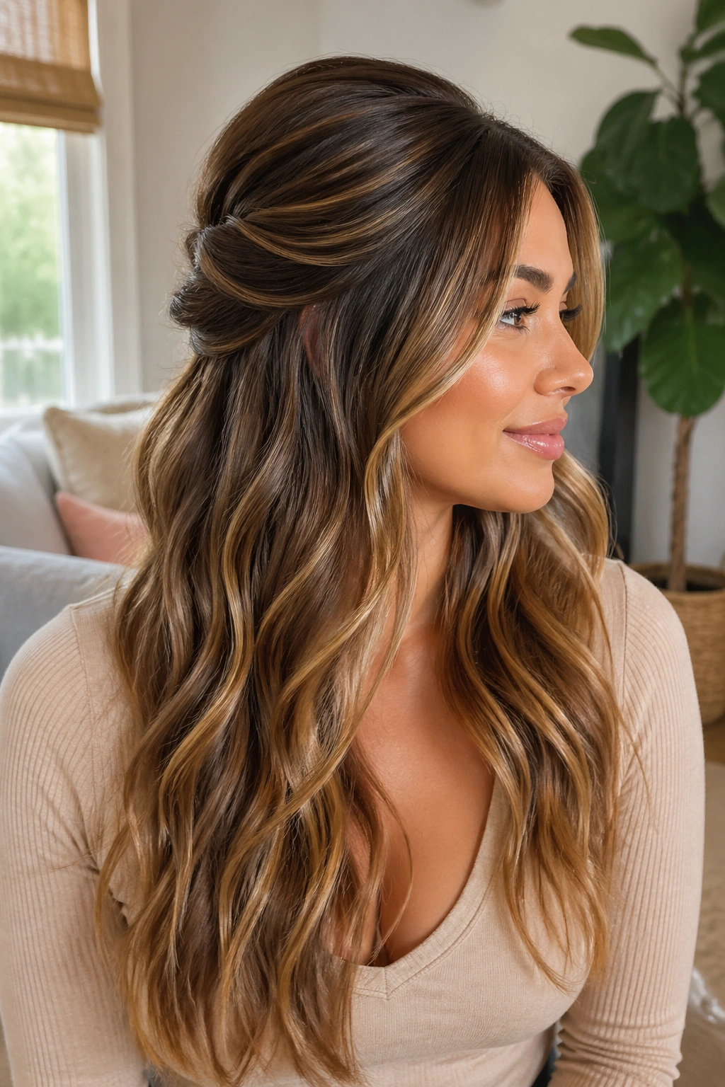 Real woman with half-up twist showing golden dimension in hair