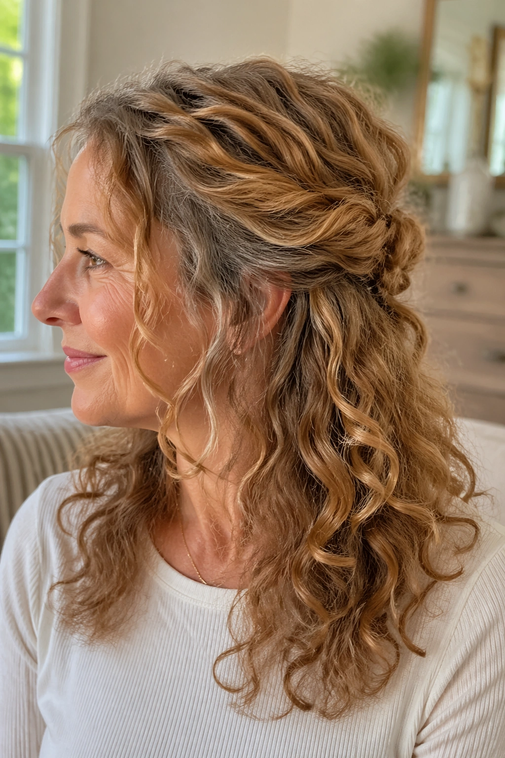 Close-up of a real woman with a half-up twist and loose curls, photographed in a cozy sunlit room.