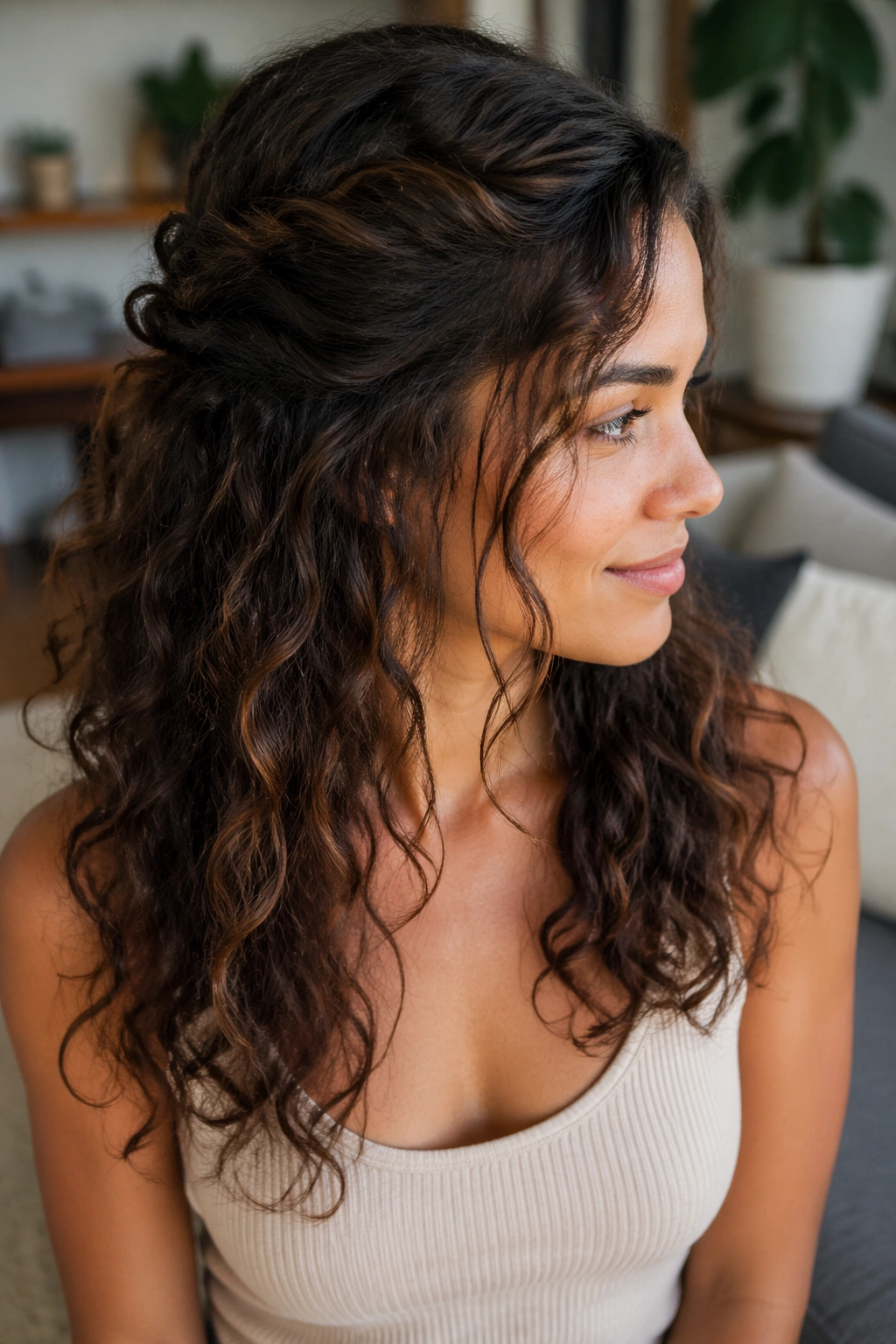 Close-up of real woman with half-up twist and loose ends in 2c curls