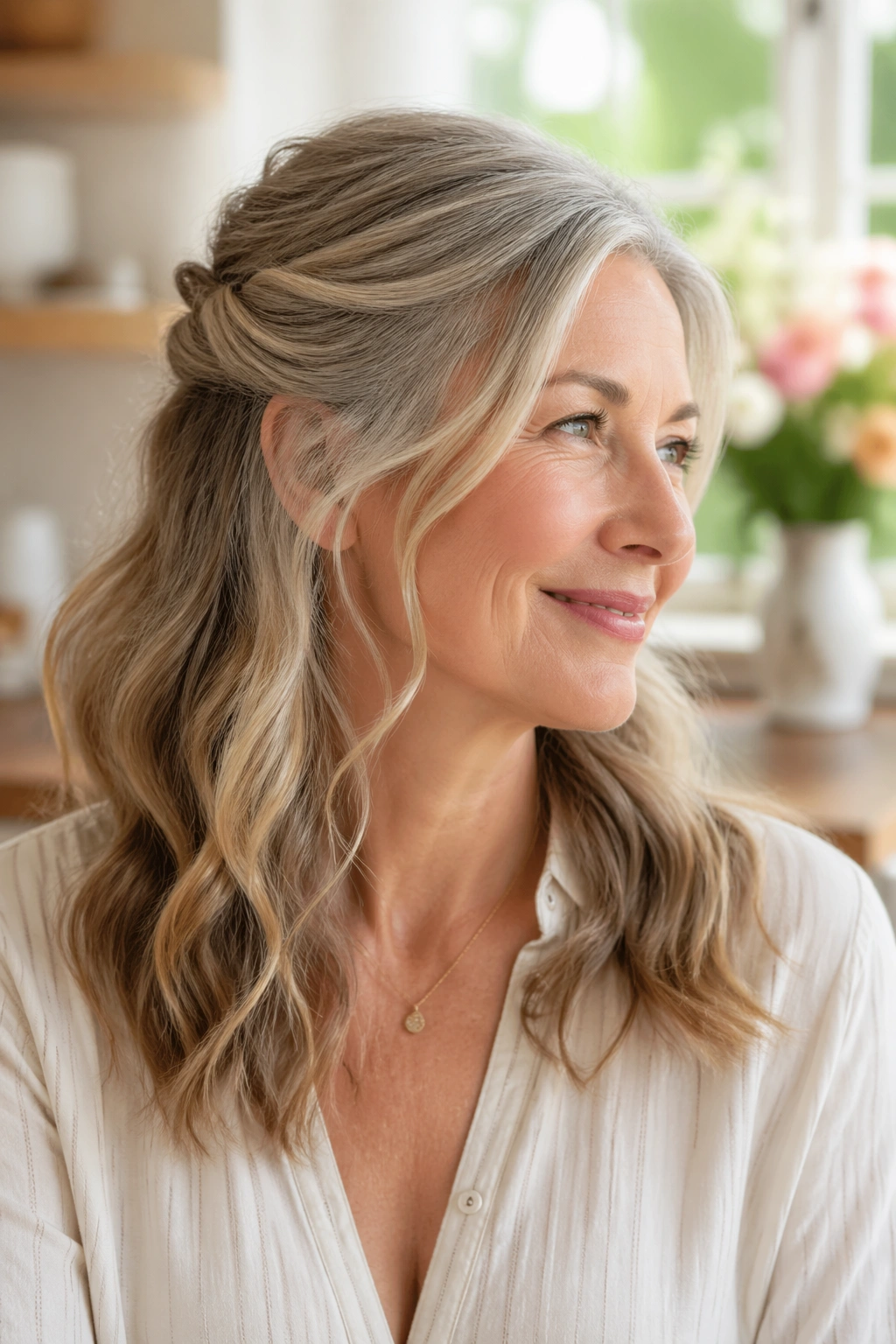 Real woman with half-up twist and loose waves in warm daylight.