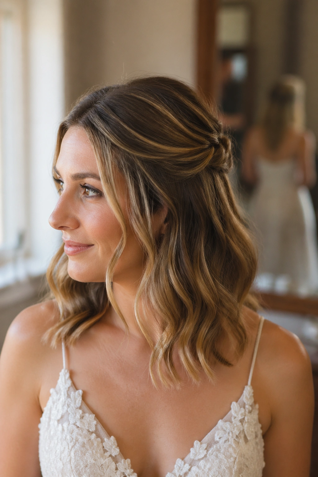 Close-up of a real bride with a soft half-up twist and shoulder-length waves.