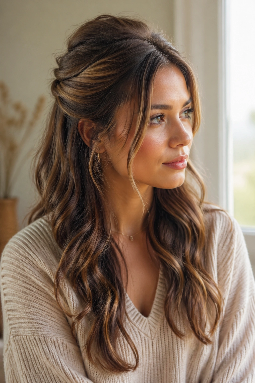 Medium close-up of a real woman with a half-up twist and loose waves, natural window light