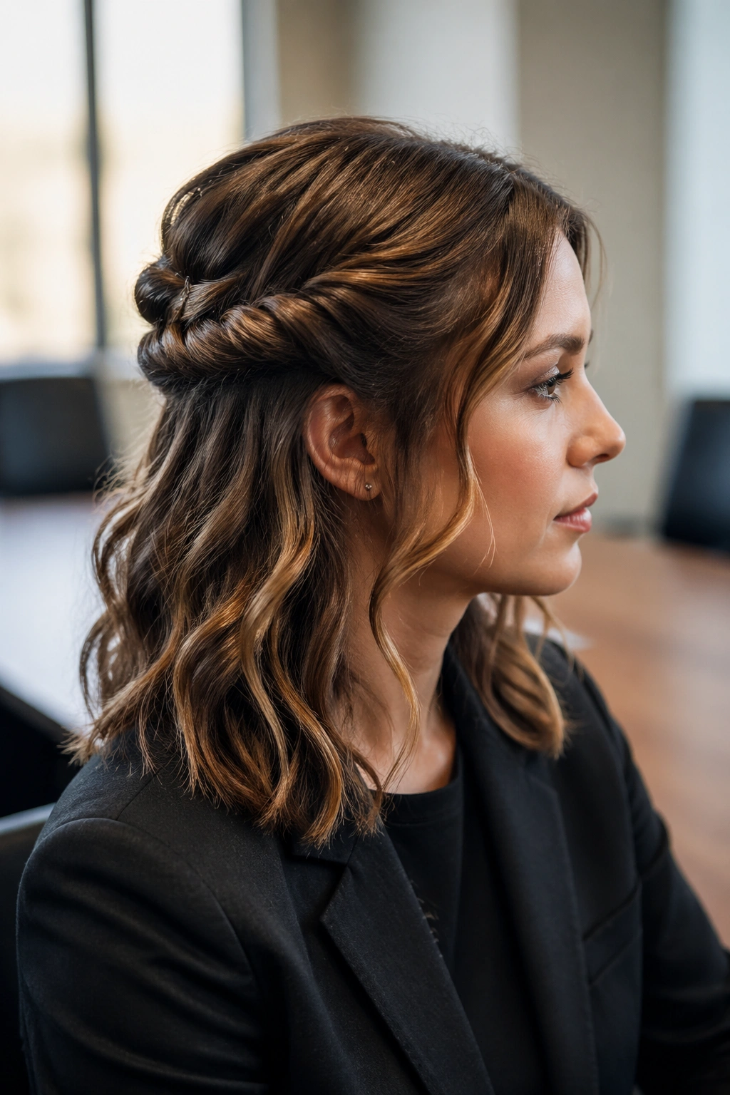 Close-up of a real woman with half-up twist in shoulder-length waves