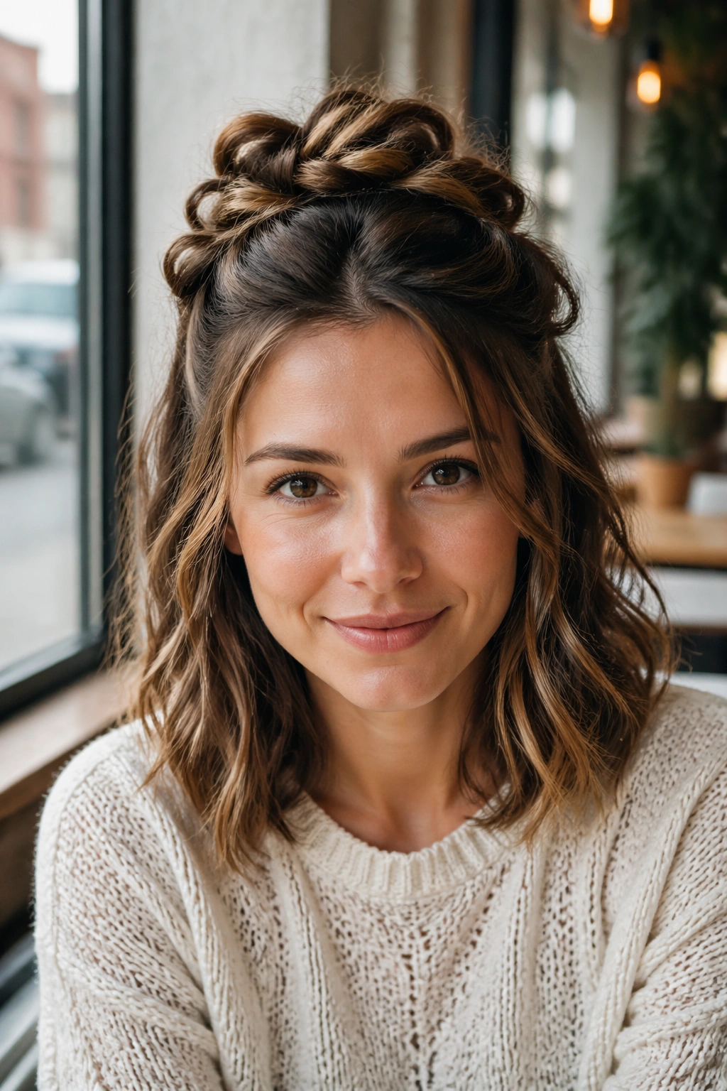 Close-up of a real woman with a half-up twisted crown bun and loose shoulder-length waves.