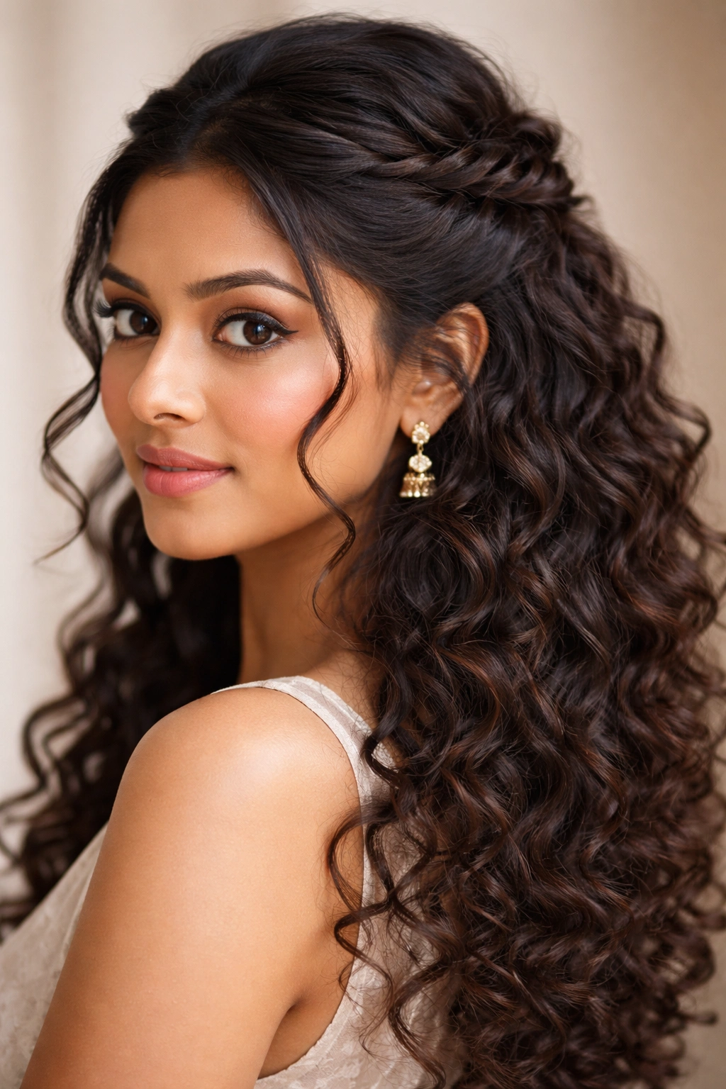Half-up twisted crown with loose ringlets cascading down