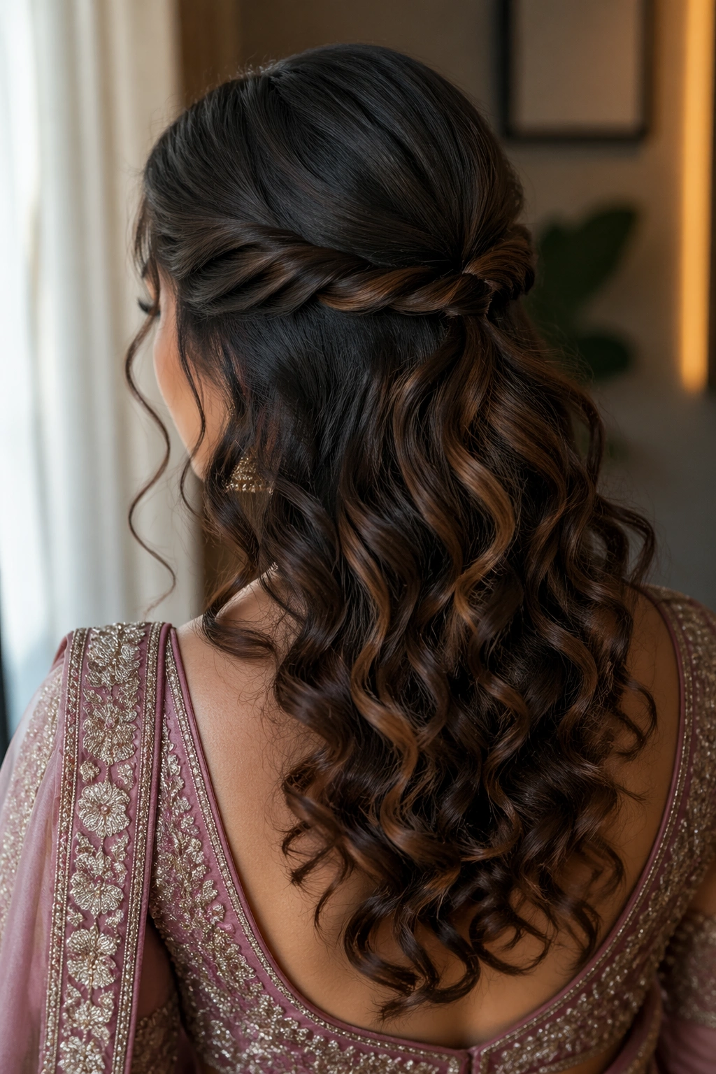 Close-up of a real woman with half-up twisted crown and soft ringlets in saree