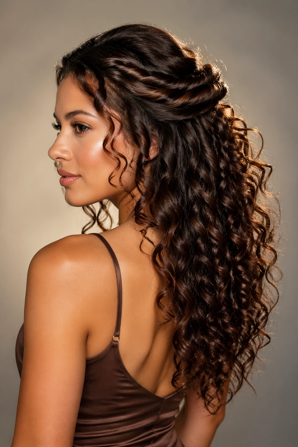 Half-up twisted curly cascade with crown twist