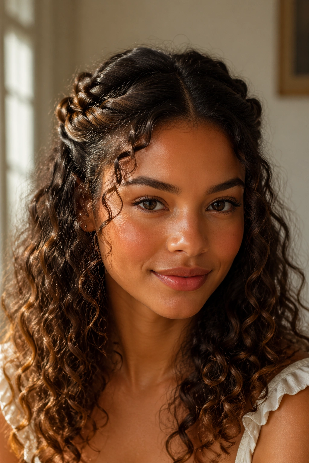 Real woman with half-up twists forming a tiara, curls left loose.