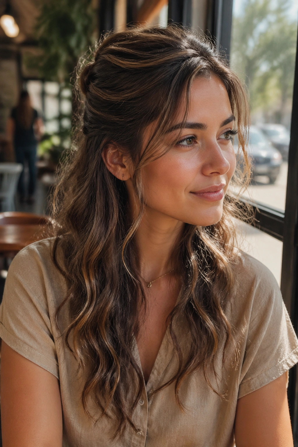 Close-up portrait of a real woman with half-up twisted waves