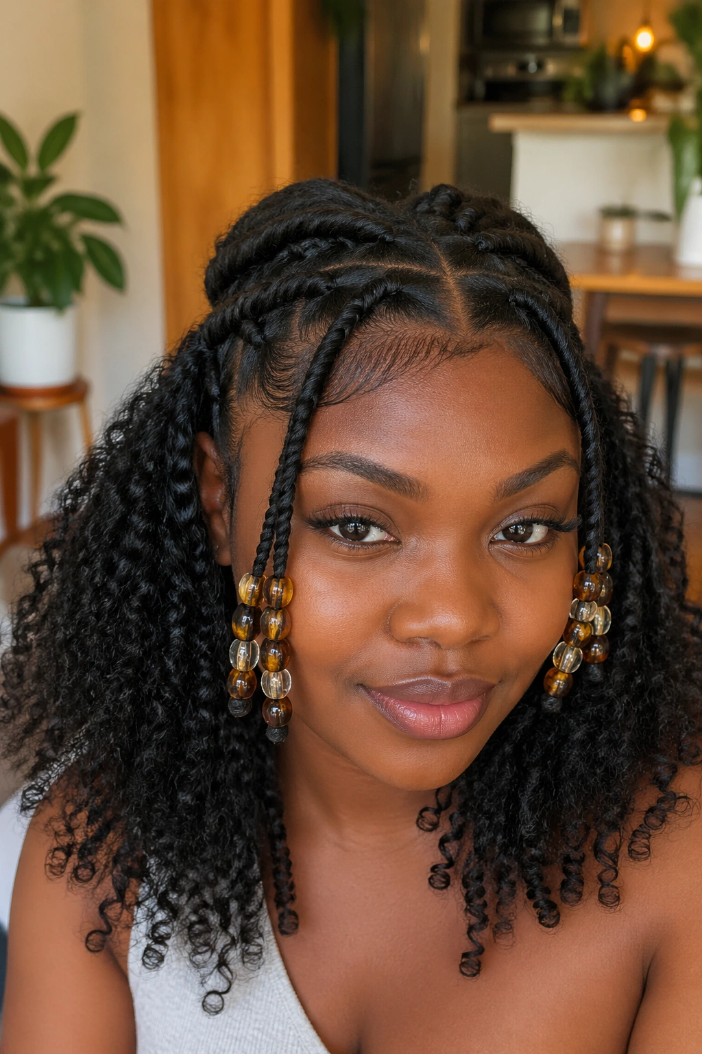 Close-up of half-up twists with beaded ends on a real person