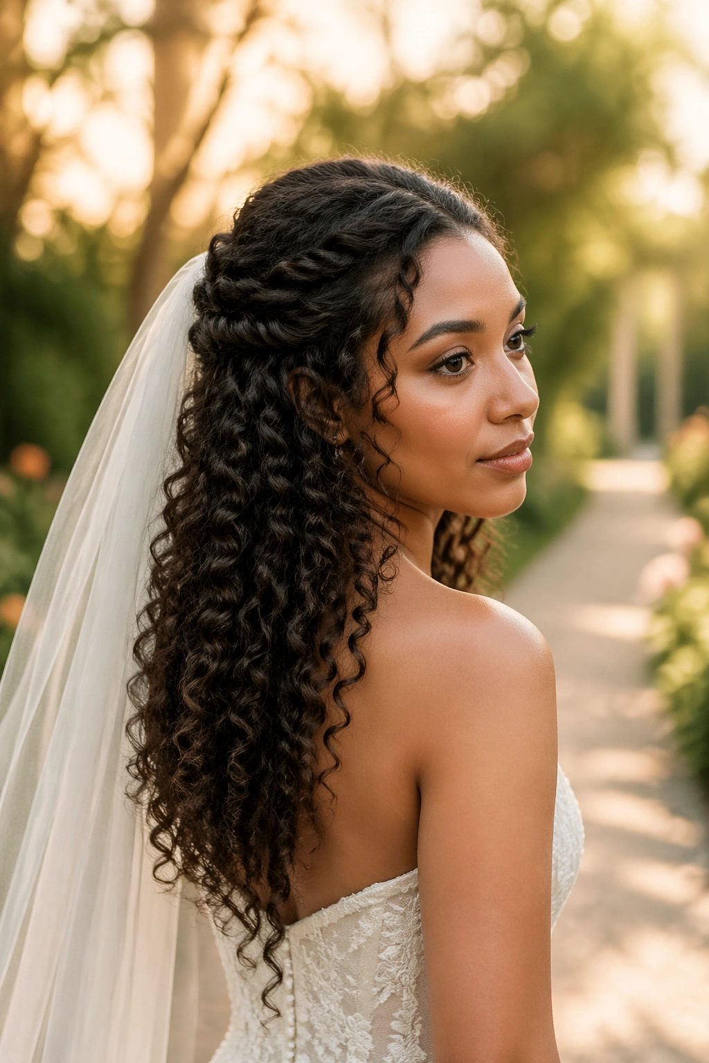 Half-up twists with cathedral veil on real bride; elegant bridal hairstyle.