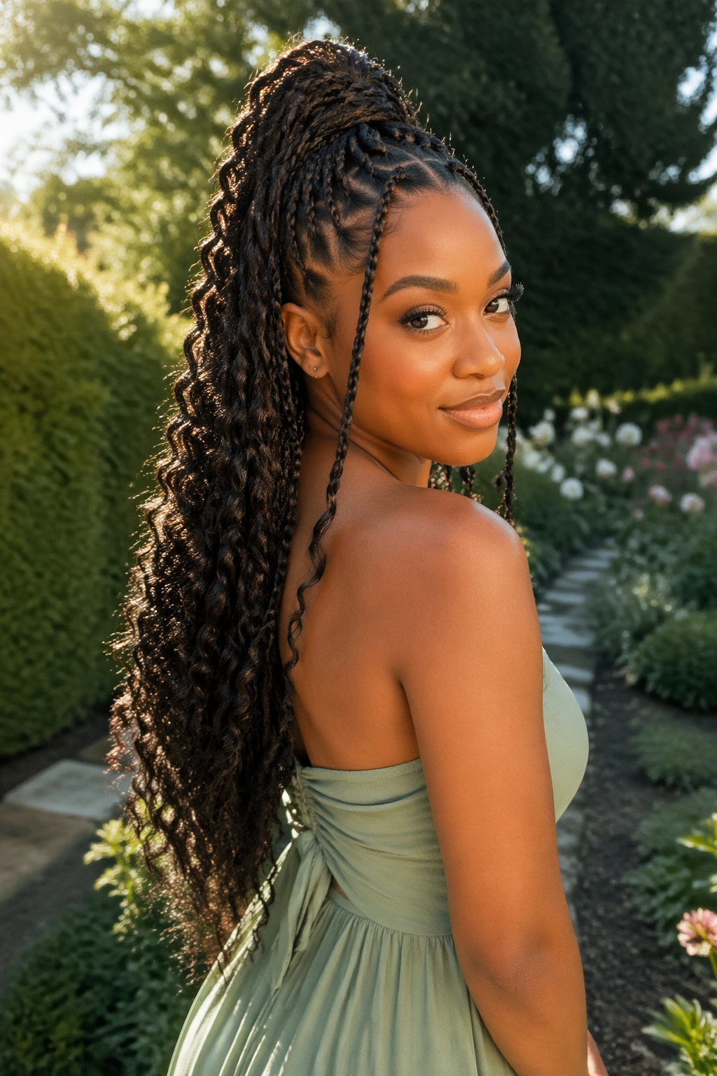 Half-up half-down twists with cascading curls in garden