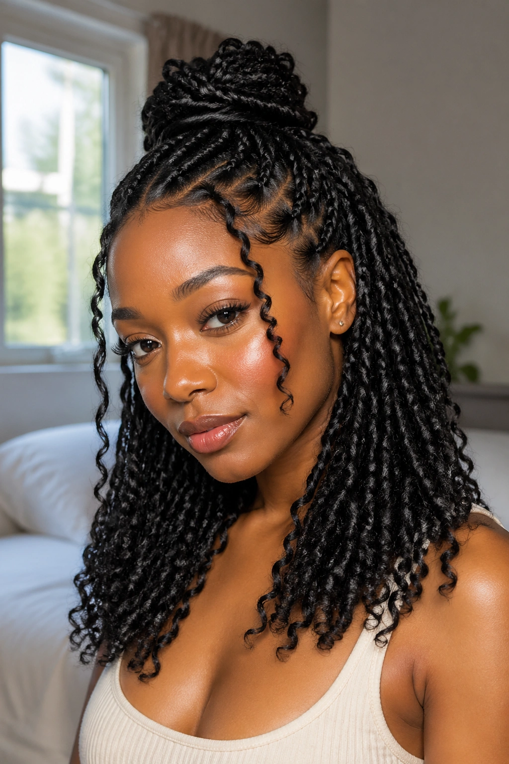 Close-up of a real woman with half-up half-down twists and curly ends under warm bedroom light