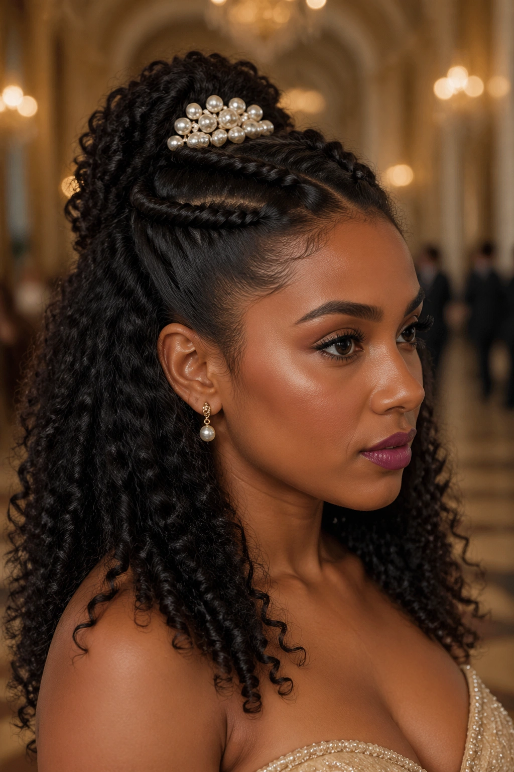 Close-up of a real woman with front twists and a pearl comb at the crown