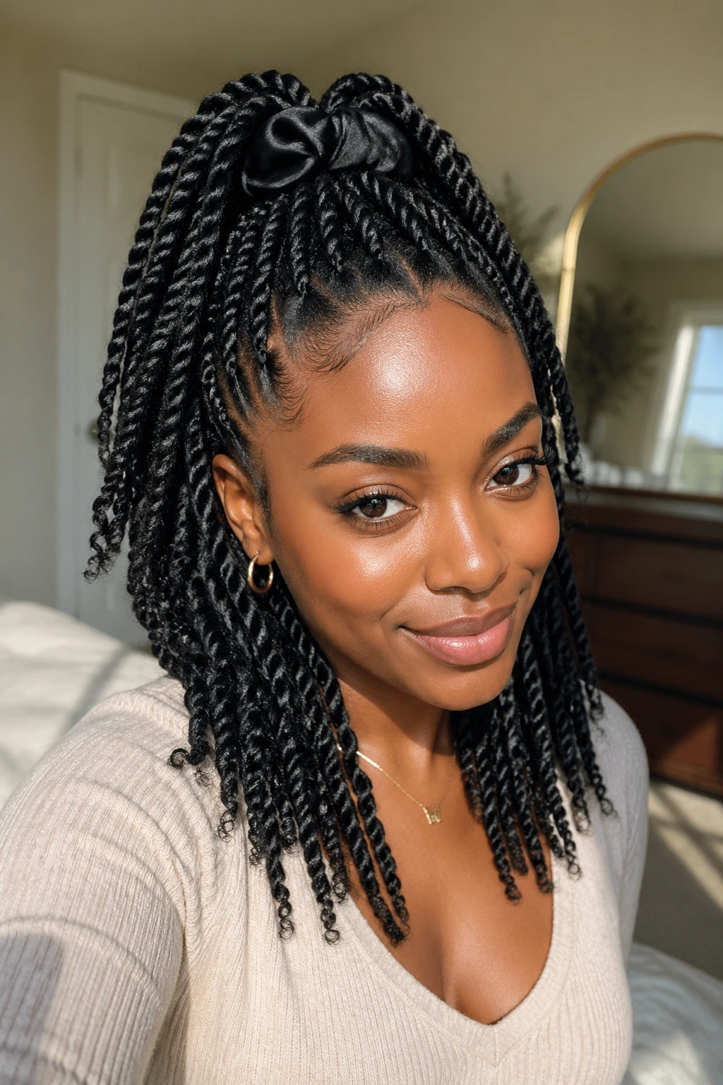 Real woman with half-up twist ponytail close-up portrait